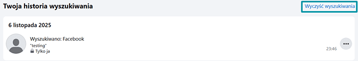 Facebook search history with Clear searches highlighted.