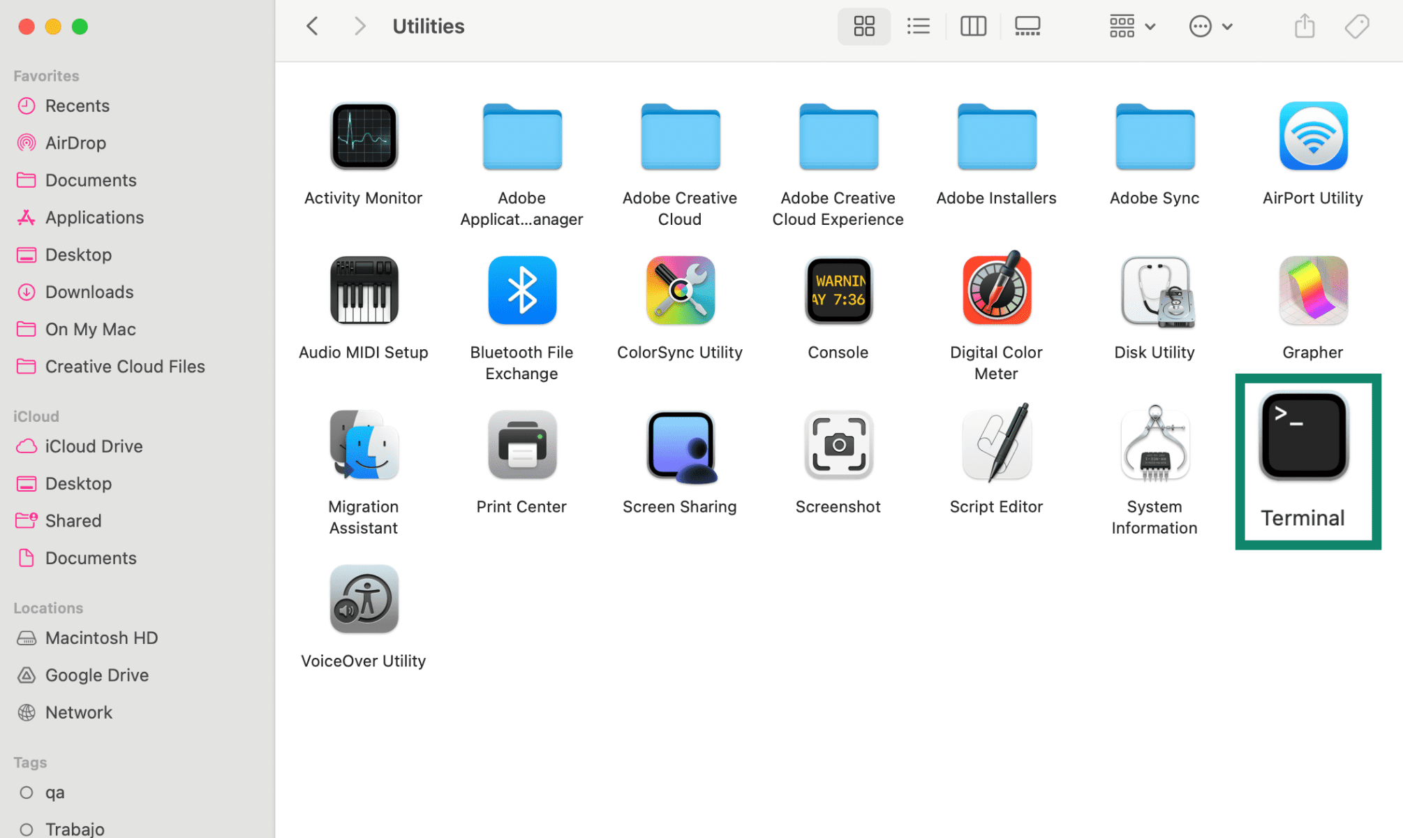 Mac Utilities folder showing Terminal.