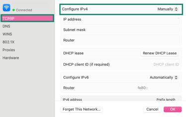The Configure IPv4 option set to "Manually" in the TCP/IP tab in Network settings on macOS.