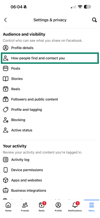 cebook mobile settings menu with 