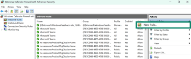 Windows Defender Firewall window with New Rule option highlighted.
