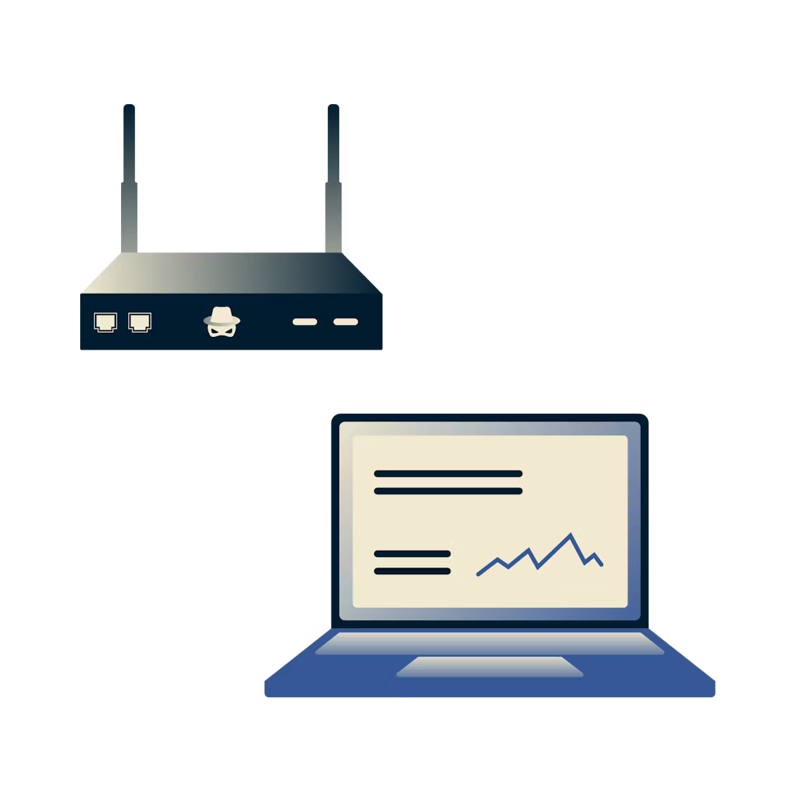 Un router con una calavera y huesos cruzados robando datos de un portátil a través de wifi.