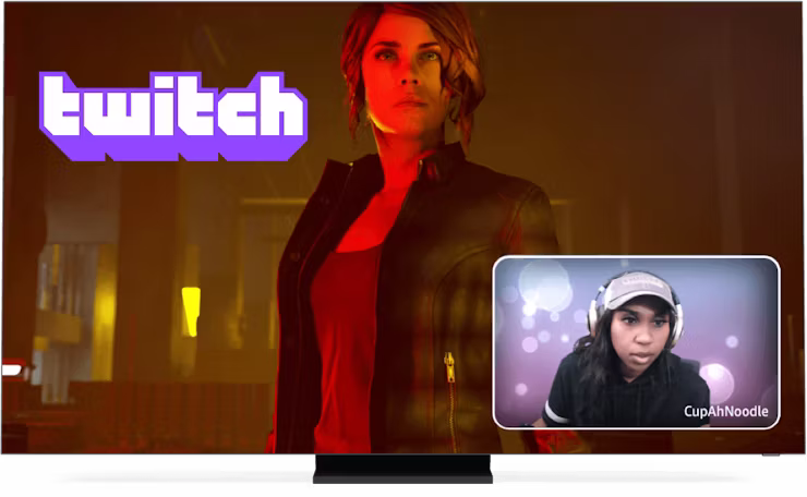 Logotipo, jogo e streamer do Twitch na tela.