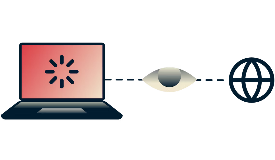 Ein puffernder Laptop, der mit dem Internet verbunden ist und ein Auge auf die Verbindung hat.
